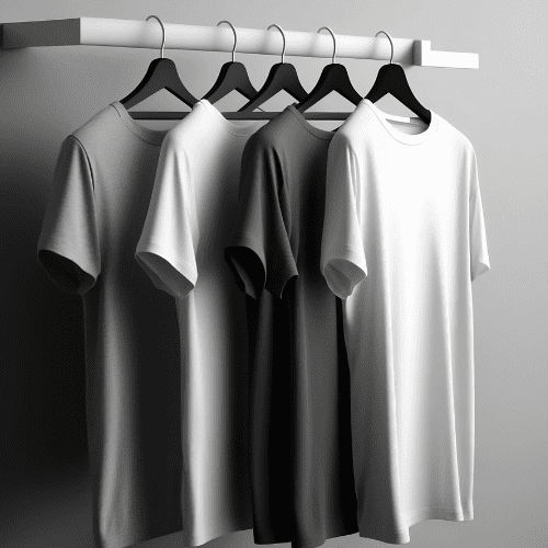 At the Safi Marketplace, four t-shirts are elegantly displayed on a rack.