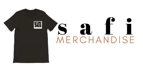 Black t-shirt featuring a white logo that says 'safi merchandise' and '365'.