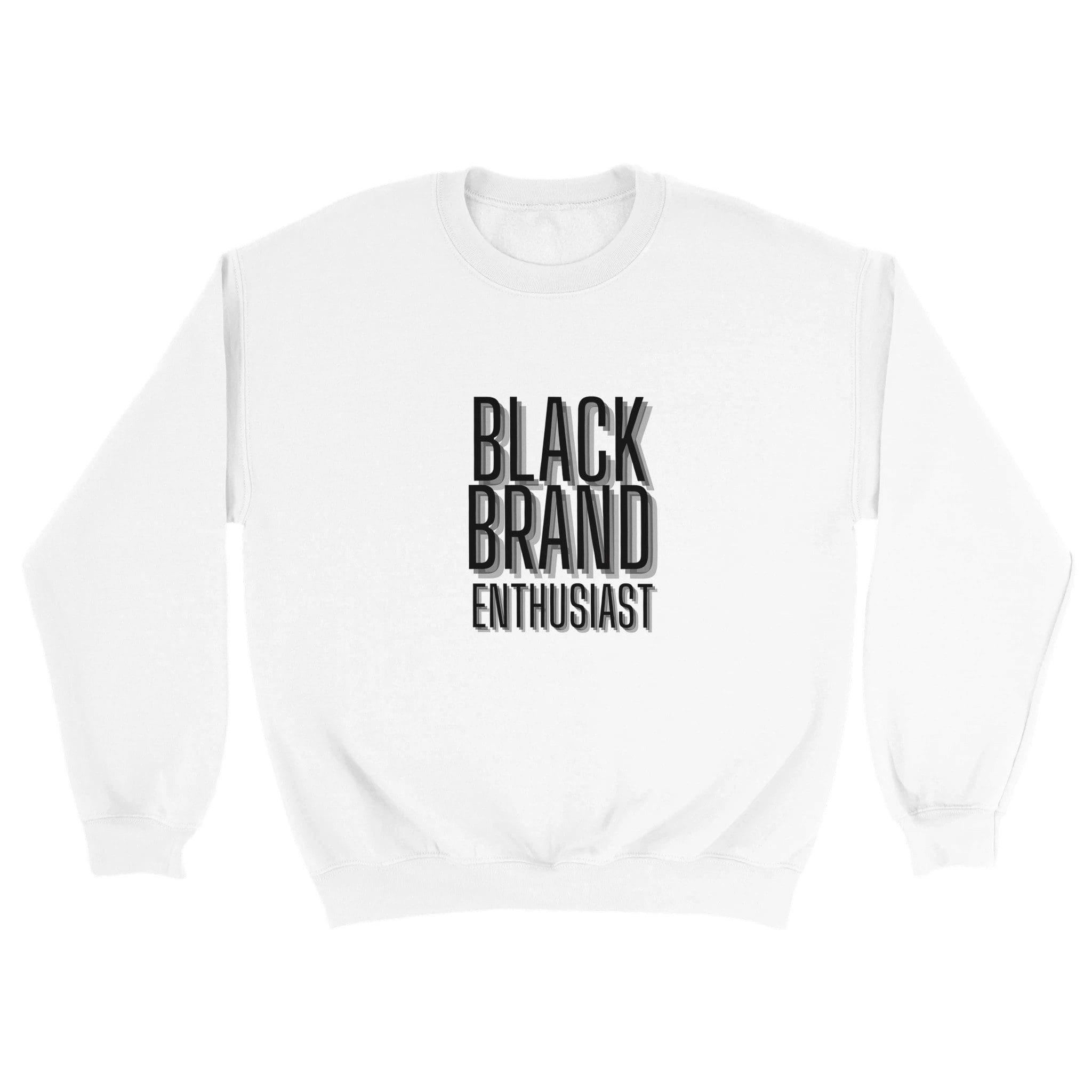 A white sweatshirt from a black-owned brand called Black Brand Enthusiast Classic Unisex Crewneck Sweatshirt, available on Safi Marketplace.