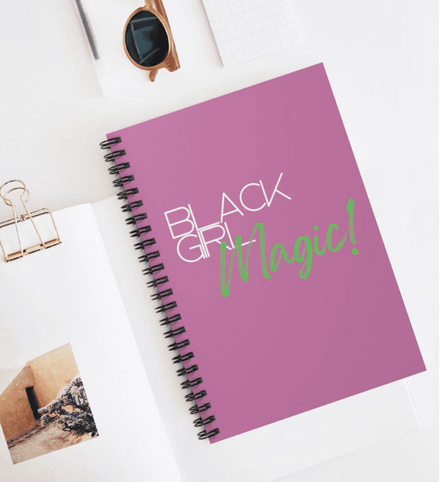 Black girl magic spiral notebook available at Safi Marketplace.