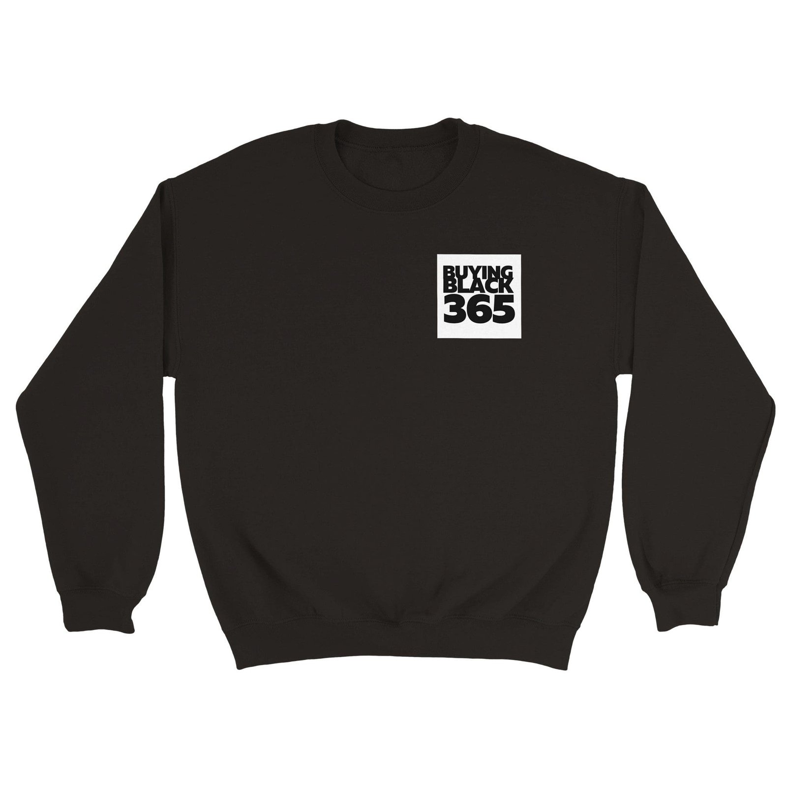 A black sweatshirt with a white logo on it is available for purchase on Safi Marketplace "buying black 365".