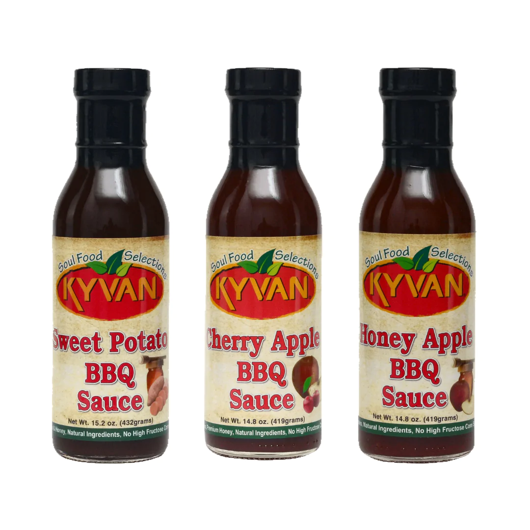 Three bottles of Kyvan Honey Apple BBQ sauce available at Safi Marketplace.