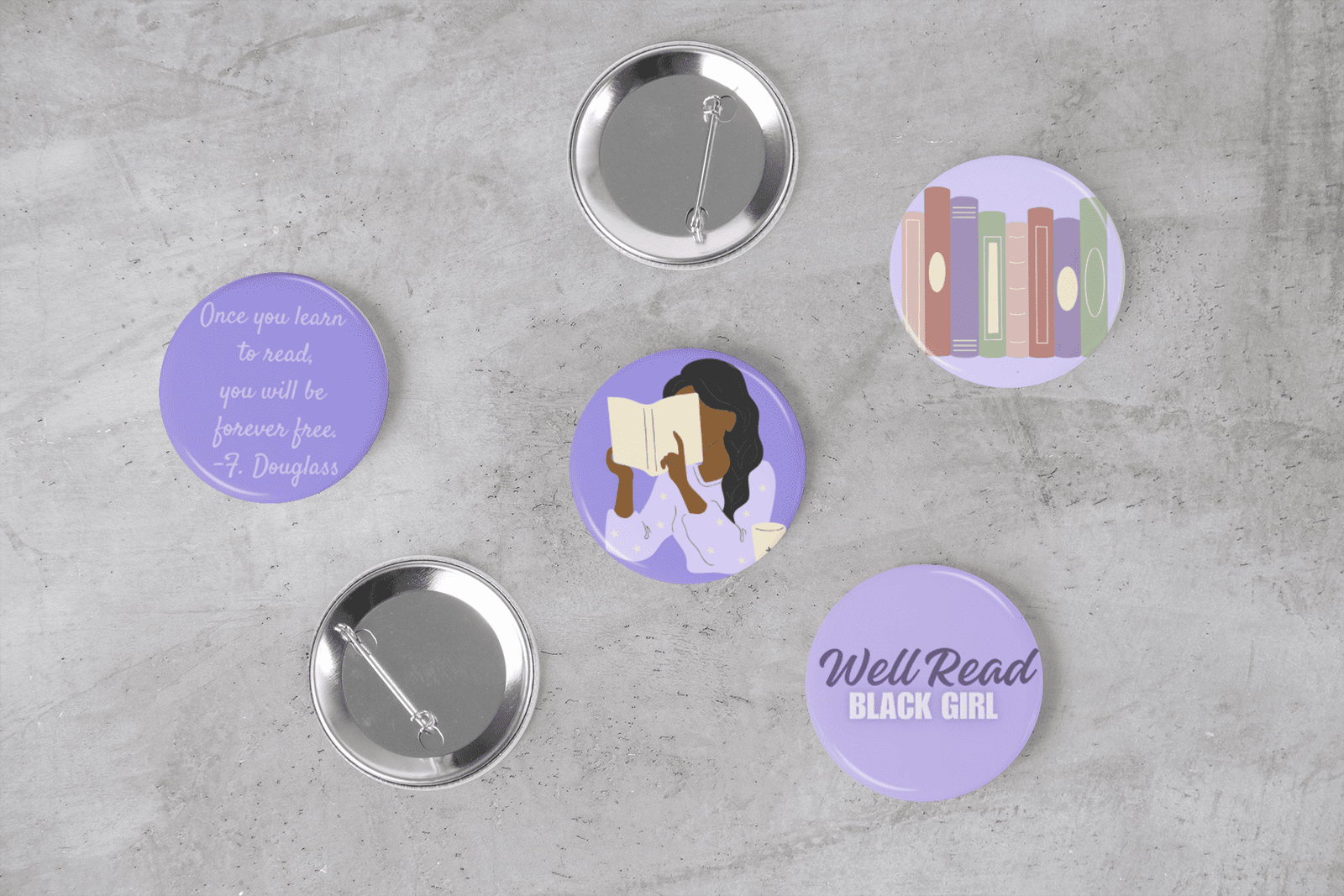 Safi Marketplace offers a collection of buttons featuring the phrase 'well read black girl'.