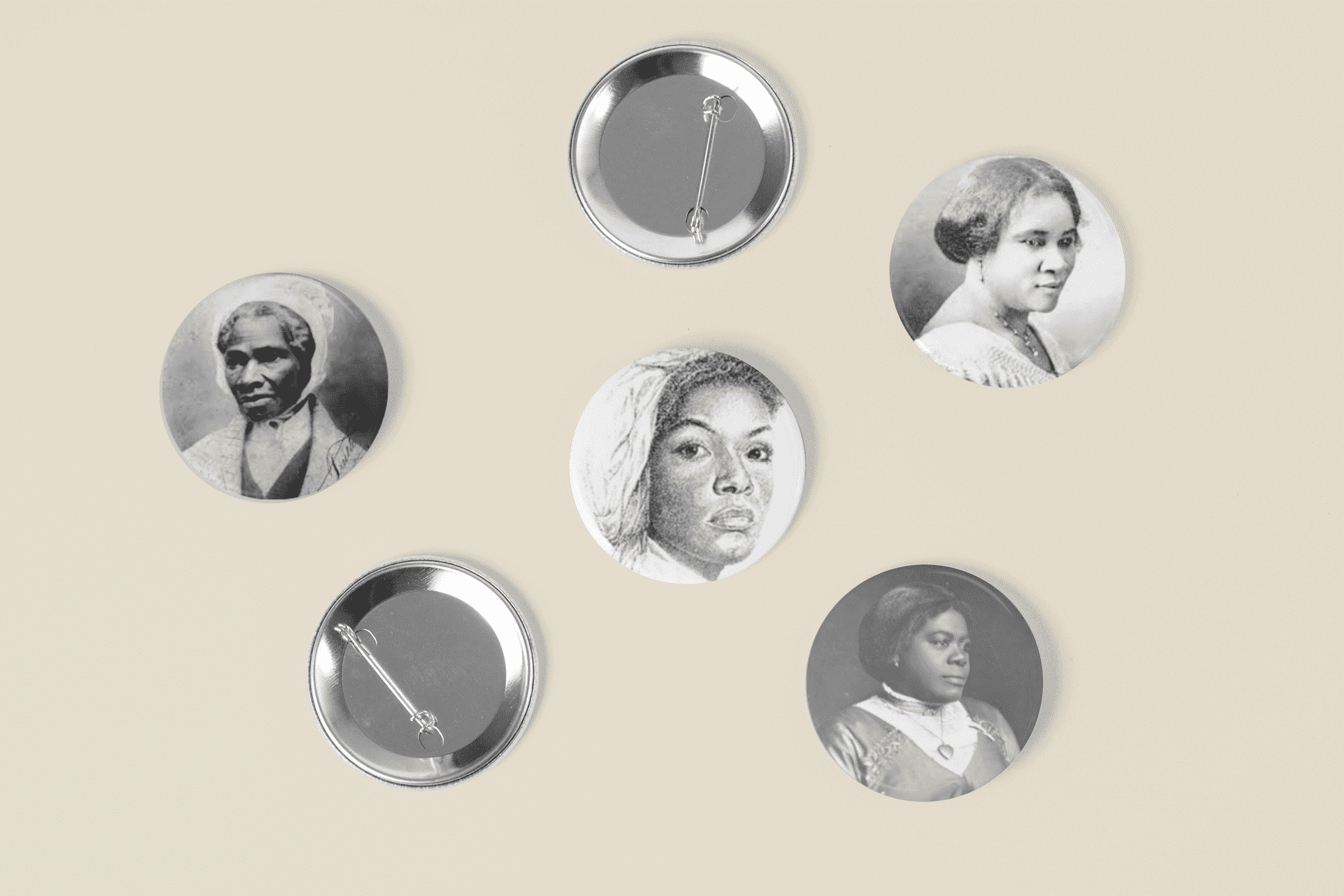 Five black and white portraits of African American women trailblazers on a beige wall.
