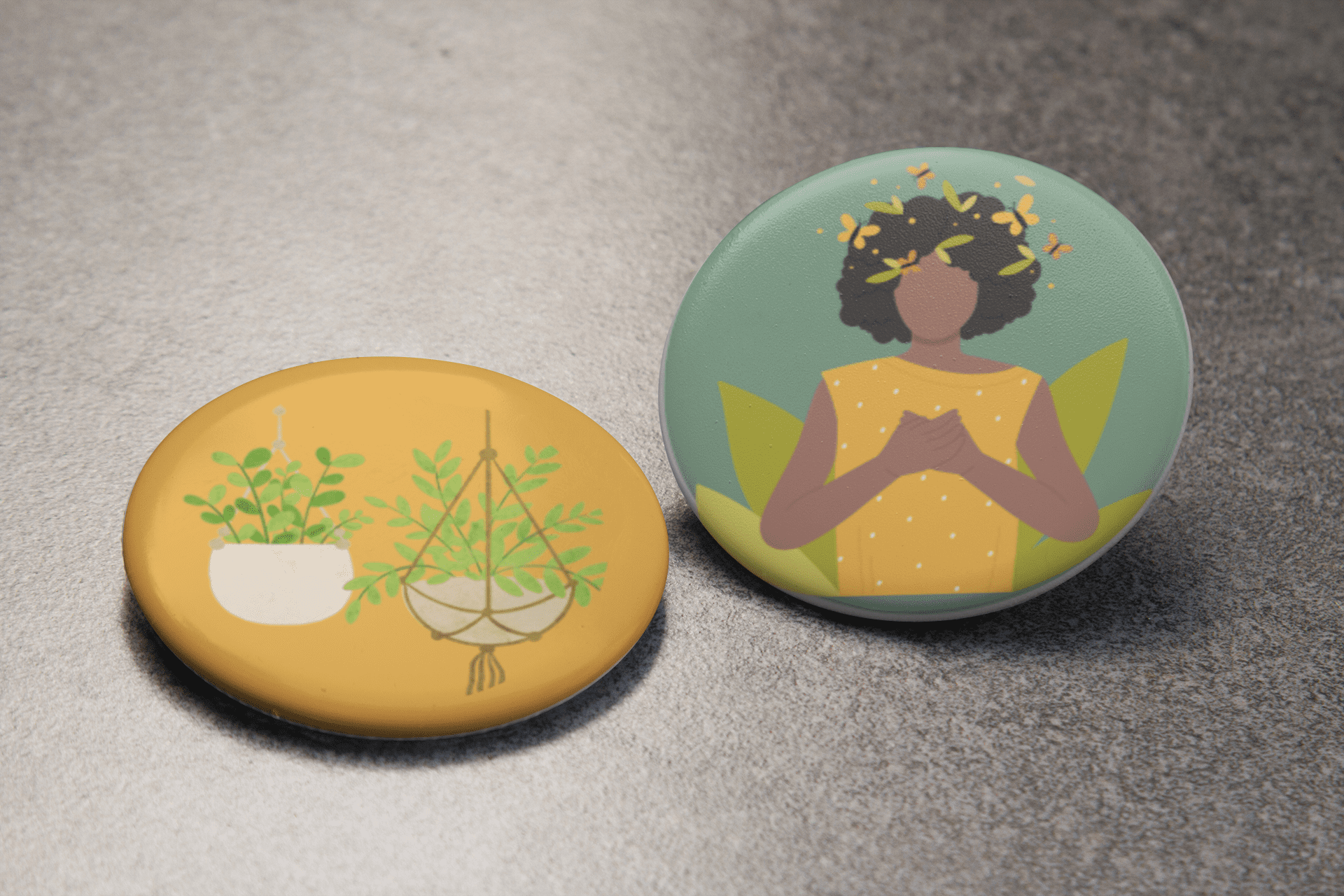 Two button badges featuring an image of a plant mom and a plant, available at Safi Marketplace.