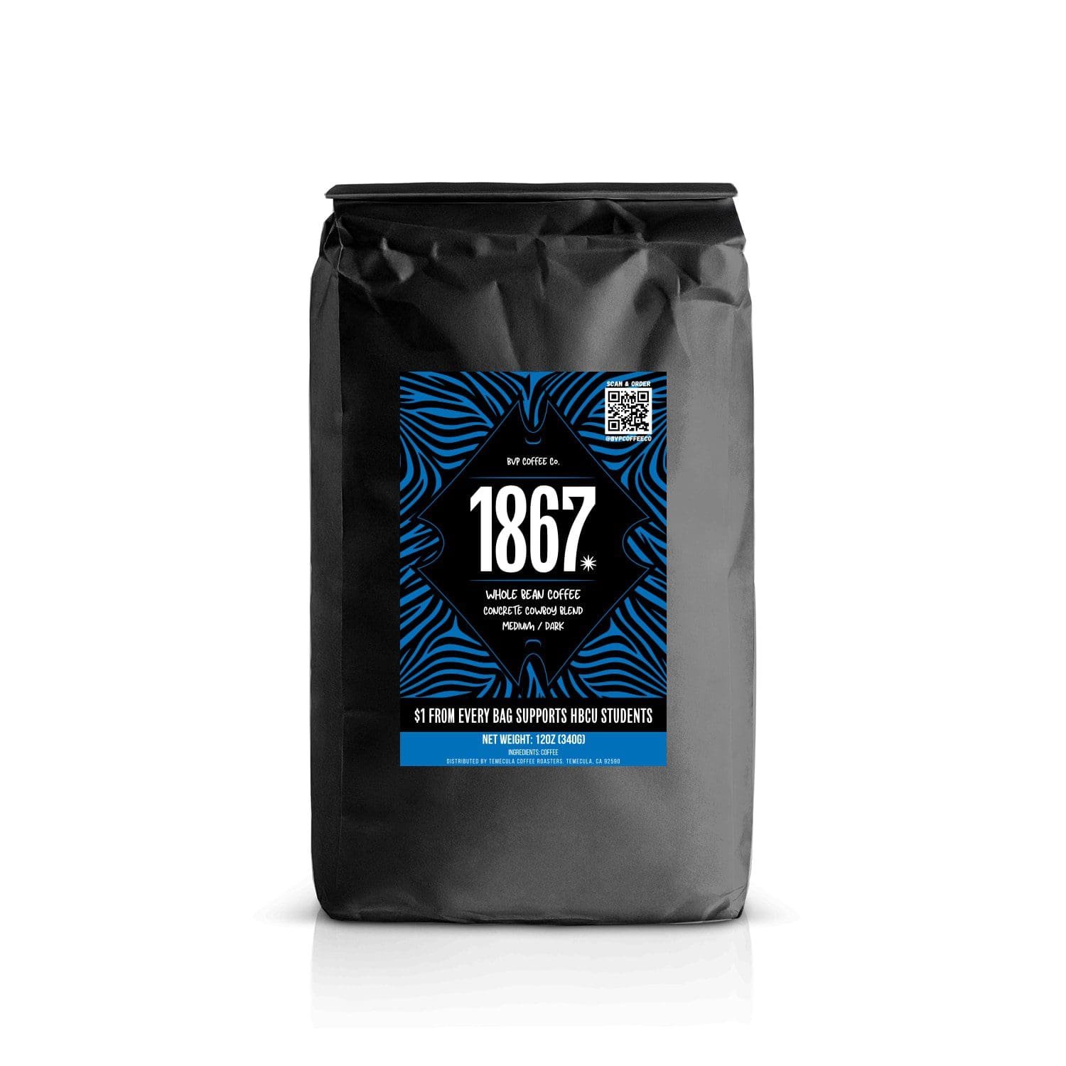 A black coffee bag with a blue design.