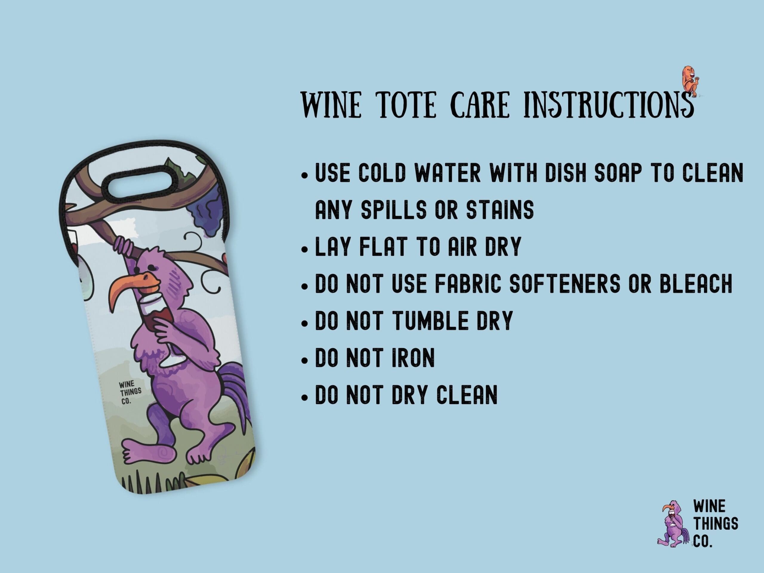 Wine tote care instructions provided by Safi Marketplace.