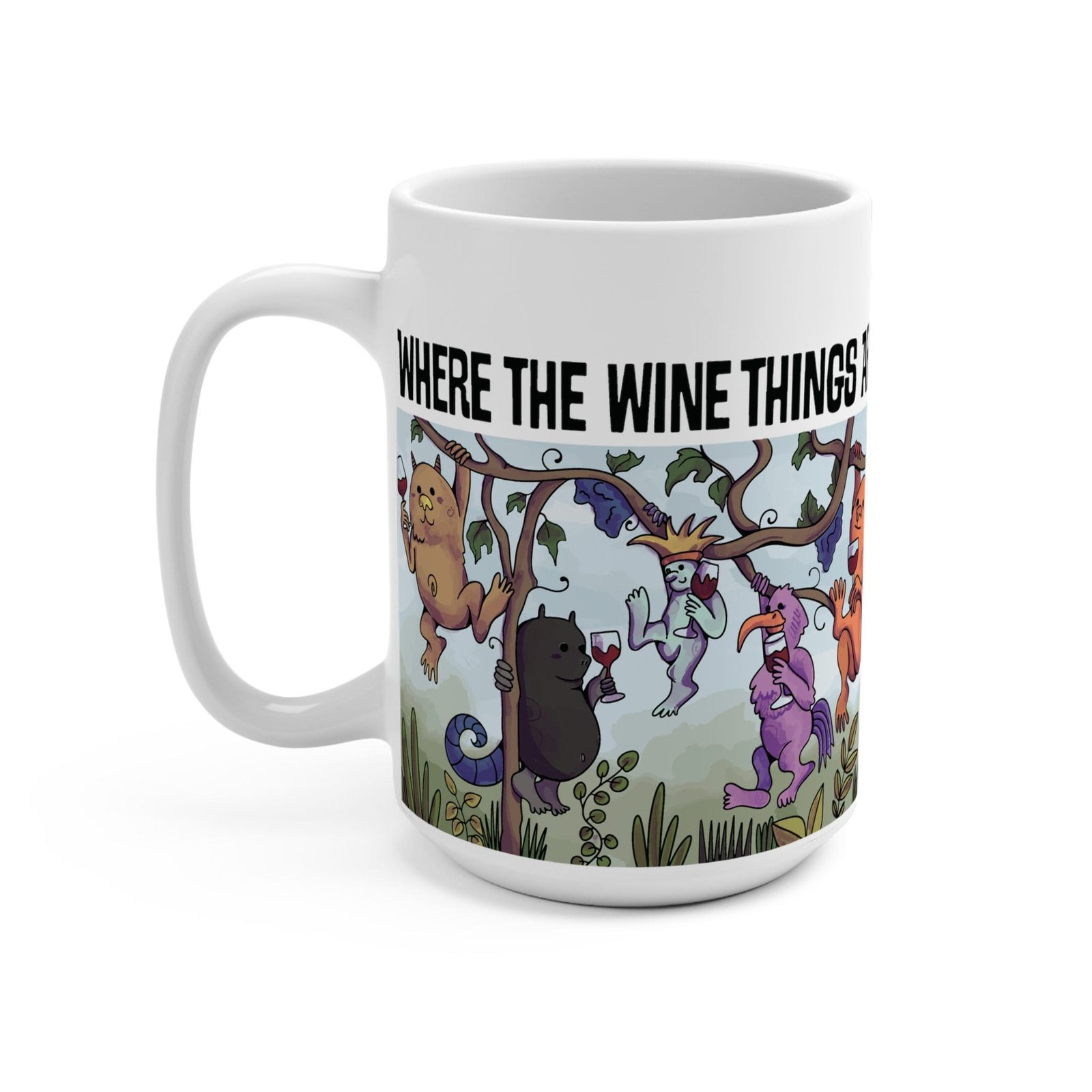 left side view of white large ceramic mug with text and illustration of