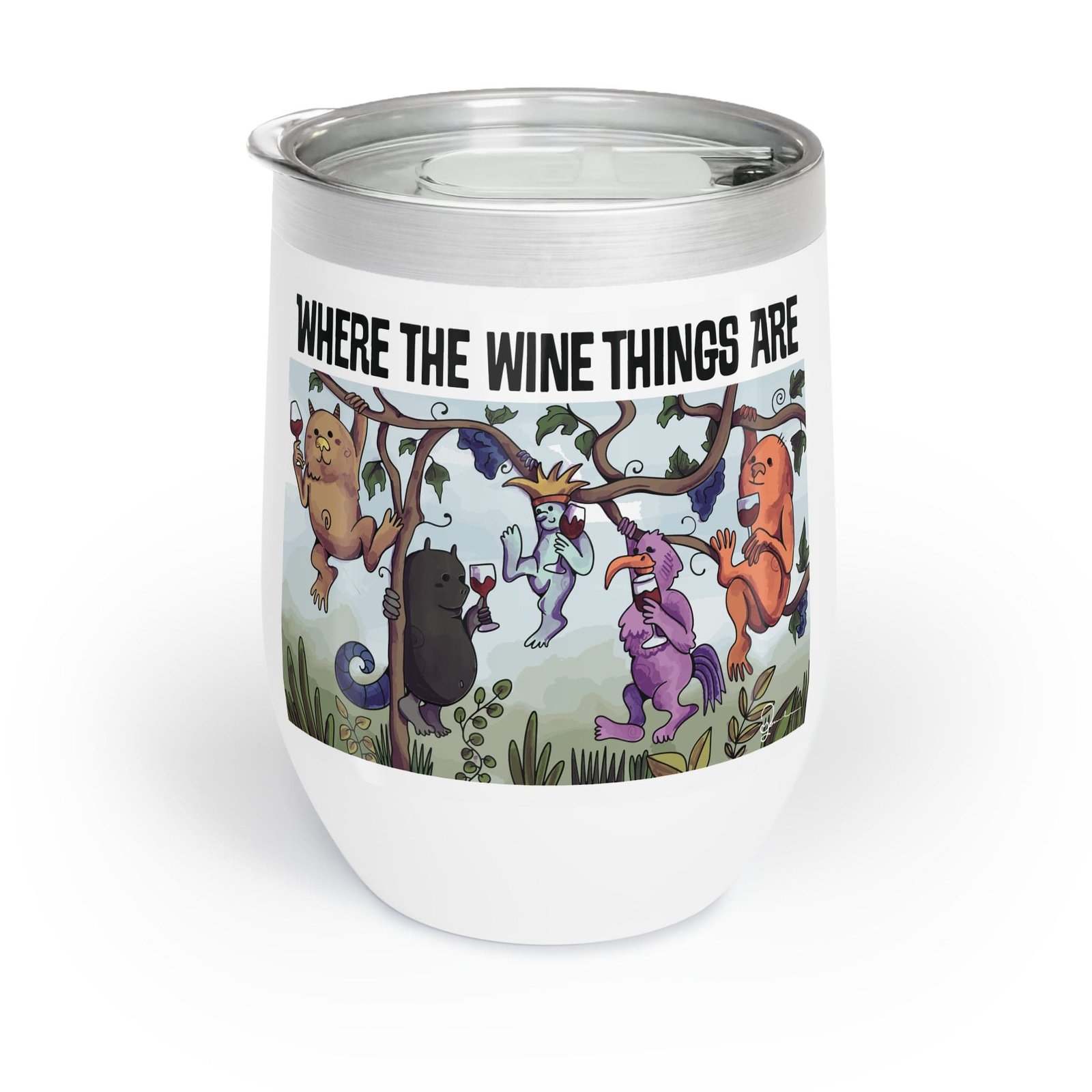 wine tumbler with text and illustration of