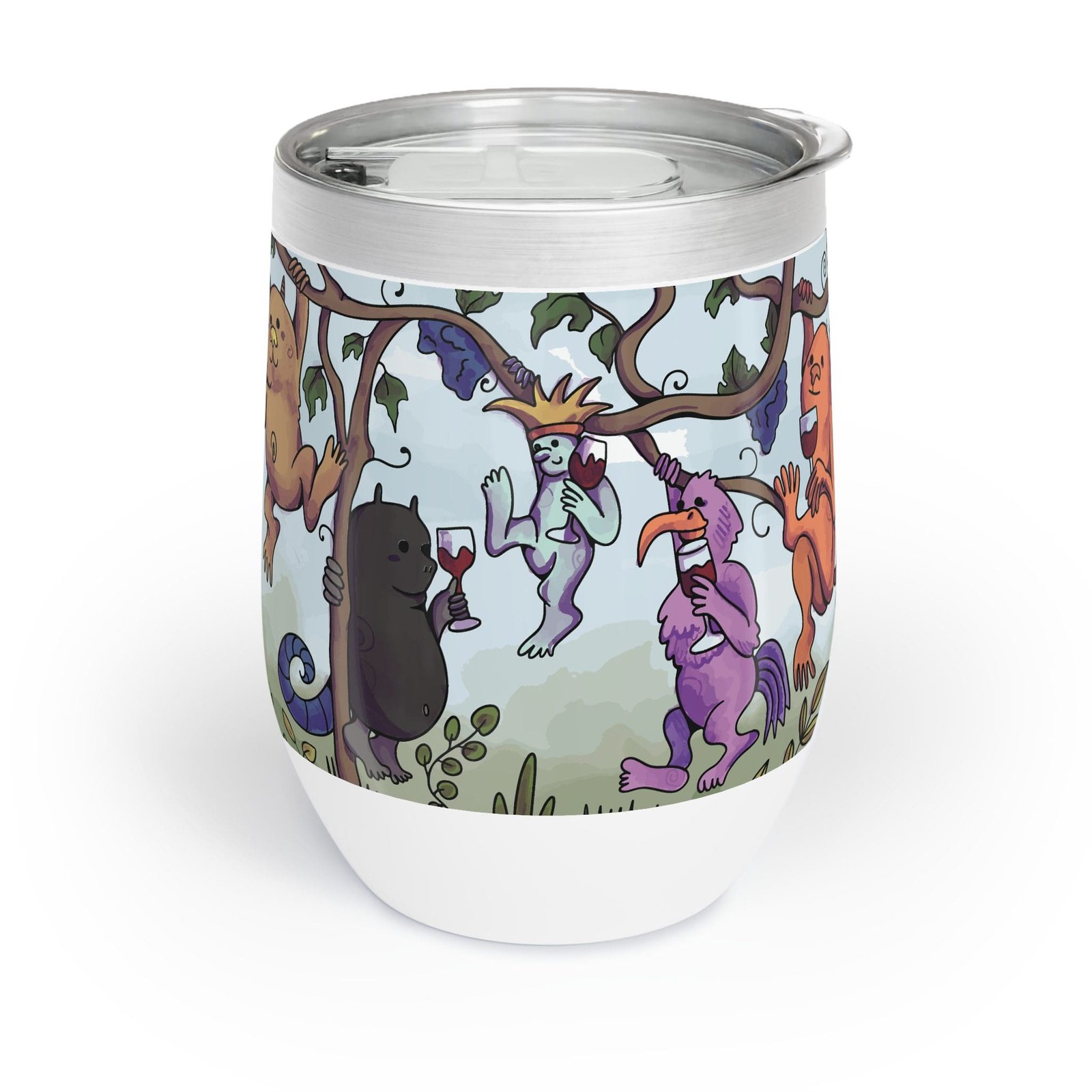 Wine tumbler with illustration of wine monsters