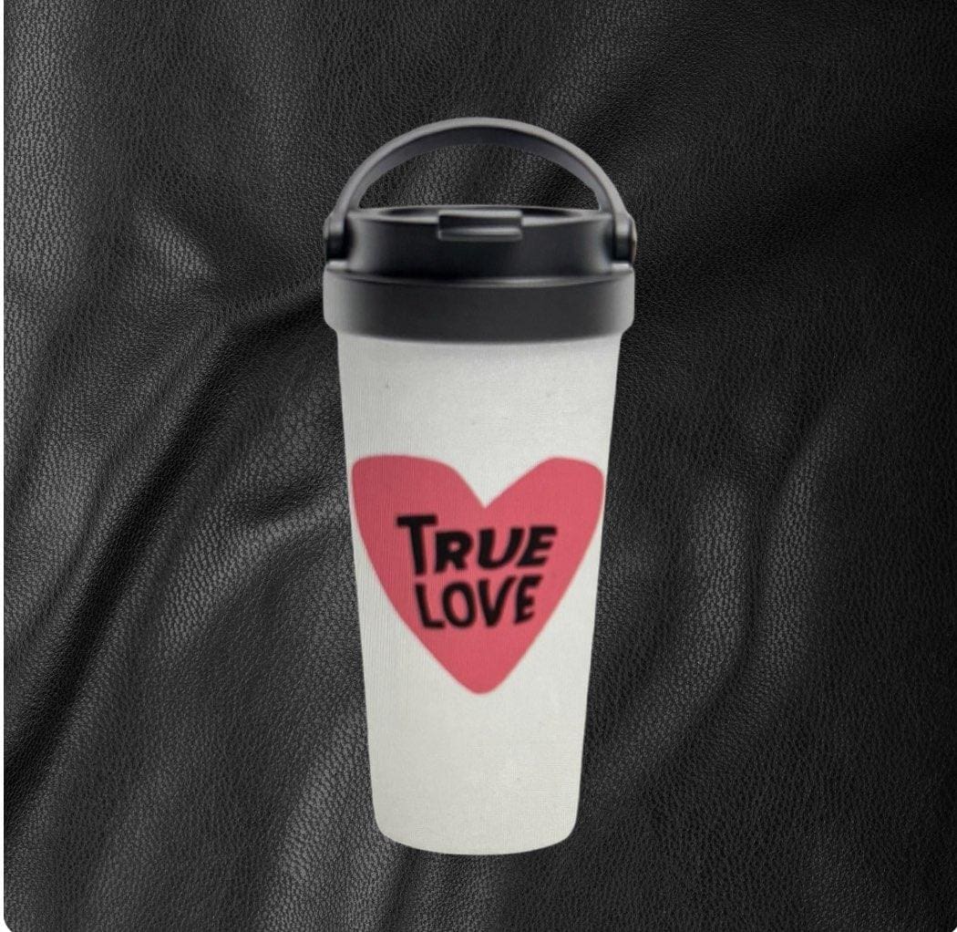 A travel mug with the word true love on it.