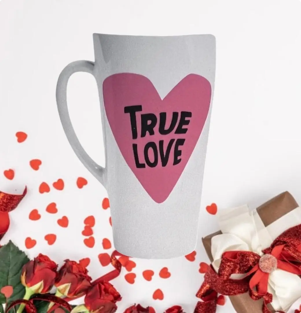 True Love Ceramic 17oz Coffee Mug 2 Ceramic mug featuring a pink heart with the text 'True Love' in black on a white background.
