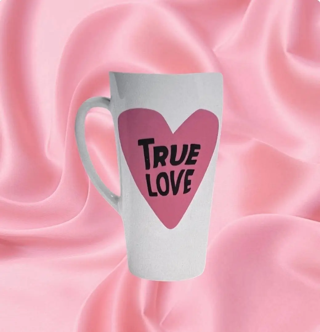 True Love Ceramic 17oz Coffee Mug 3 White ceramic mug featuring a pink heart with the text 'True Love' in black.