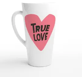 True Love Ceramic 17oz Coffee Mug 1 White mug featuring a pink heart with the text 'True Love' in black.