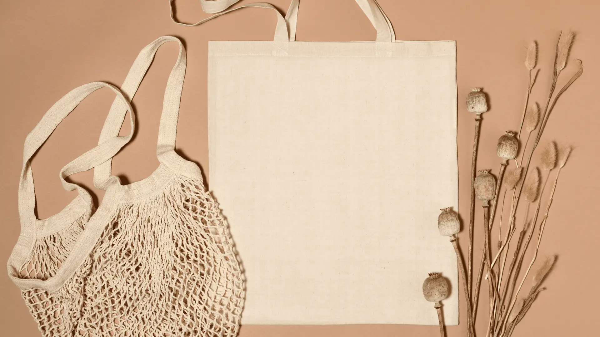 A natural fiber tote bag and a plain canvas tote bag placed on a beige background with dried flowers.