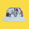 A light blue bucket hat with illustrated wine monsters on it