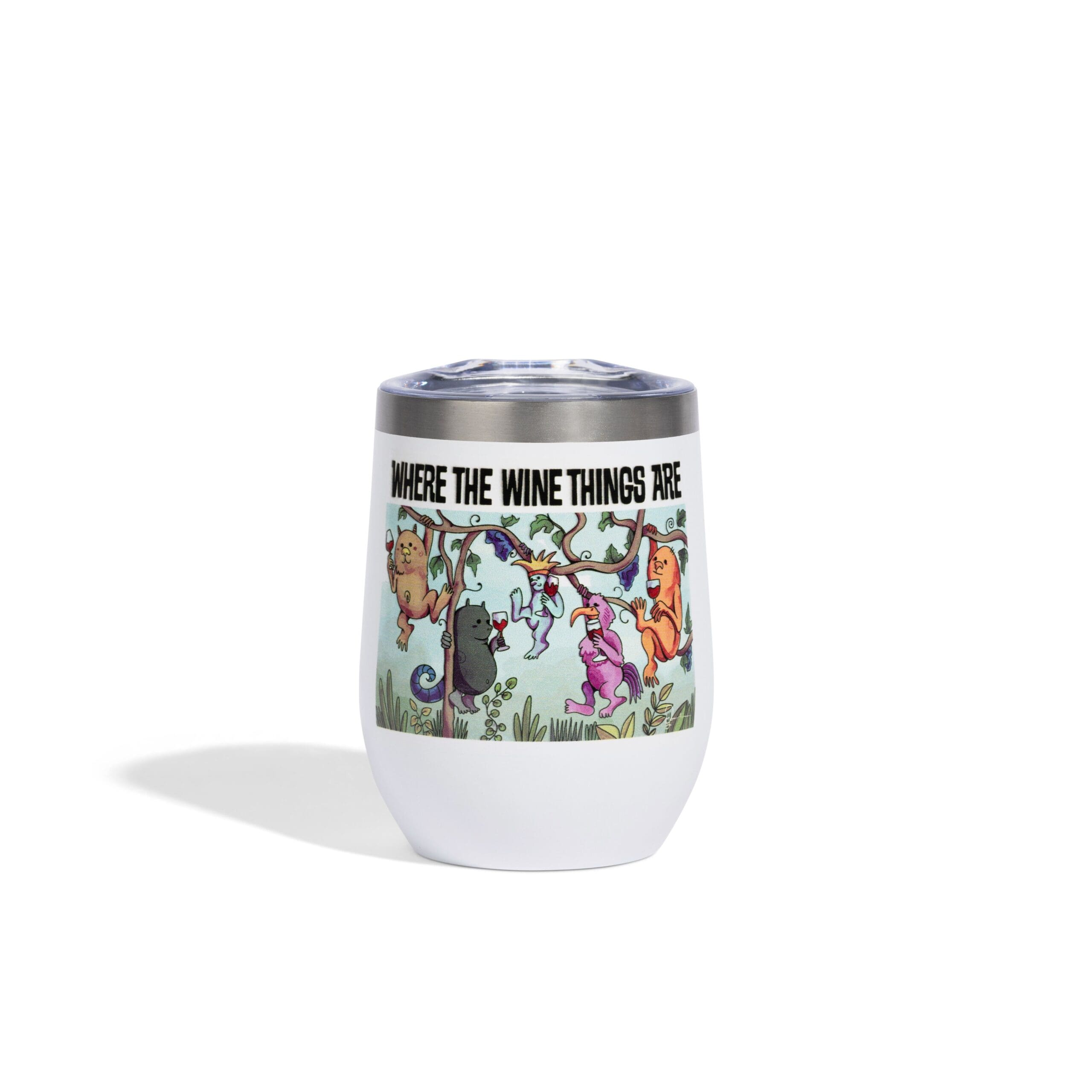 wine tumbler with illustration of wine monsters and text that reads where the wine things are
