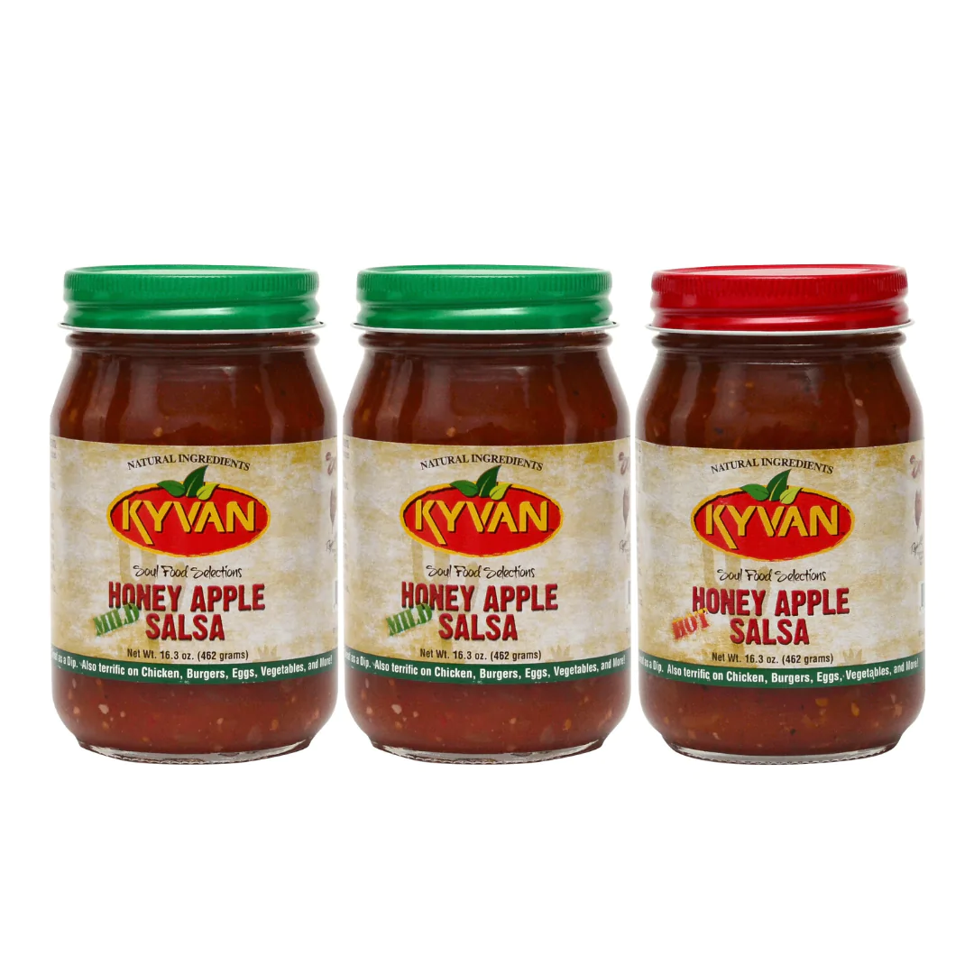 Three jars of Kyvan Honey Apple Salsa with green and red lids on a white background.