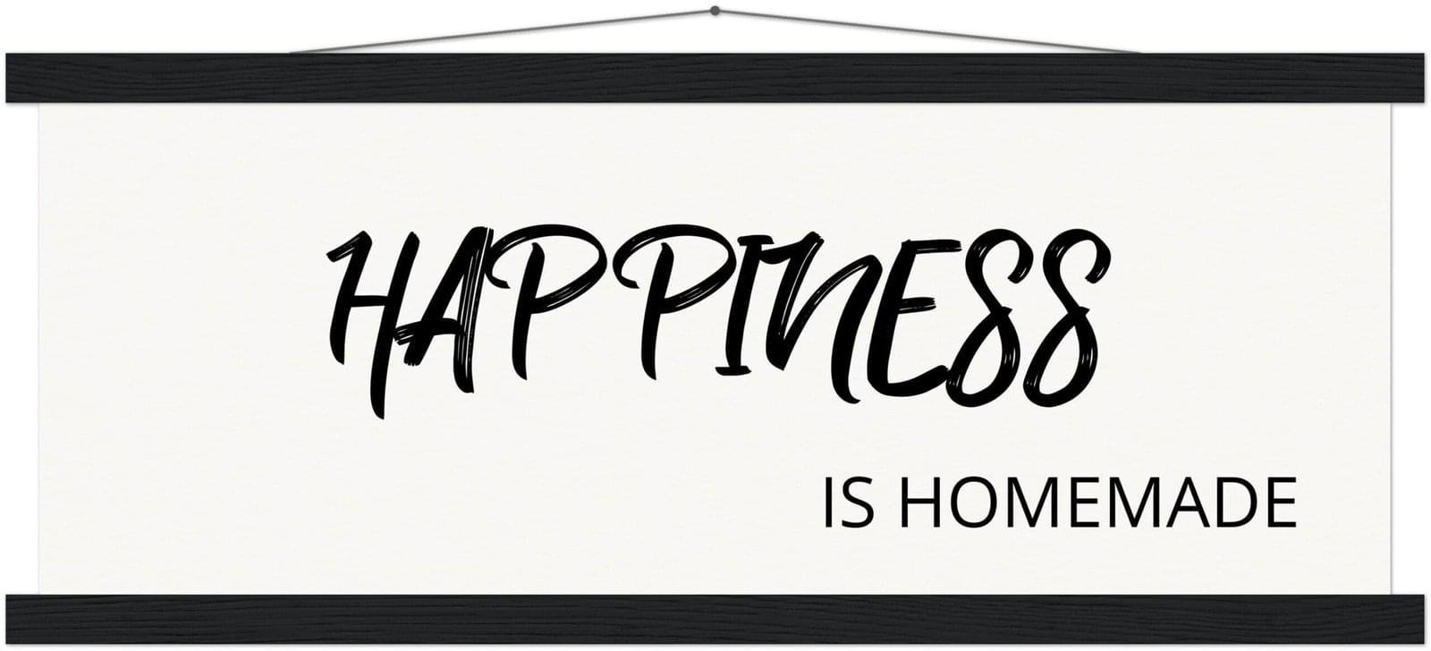 Wall art featuring the phrase 'Happiness Is Homemade' in black script on a white background.