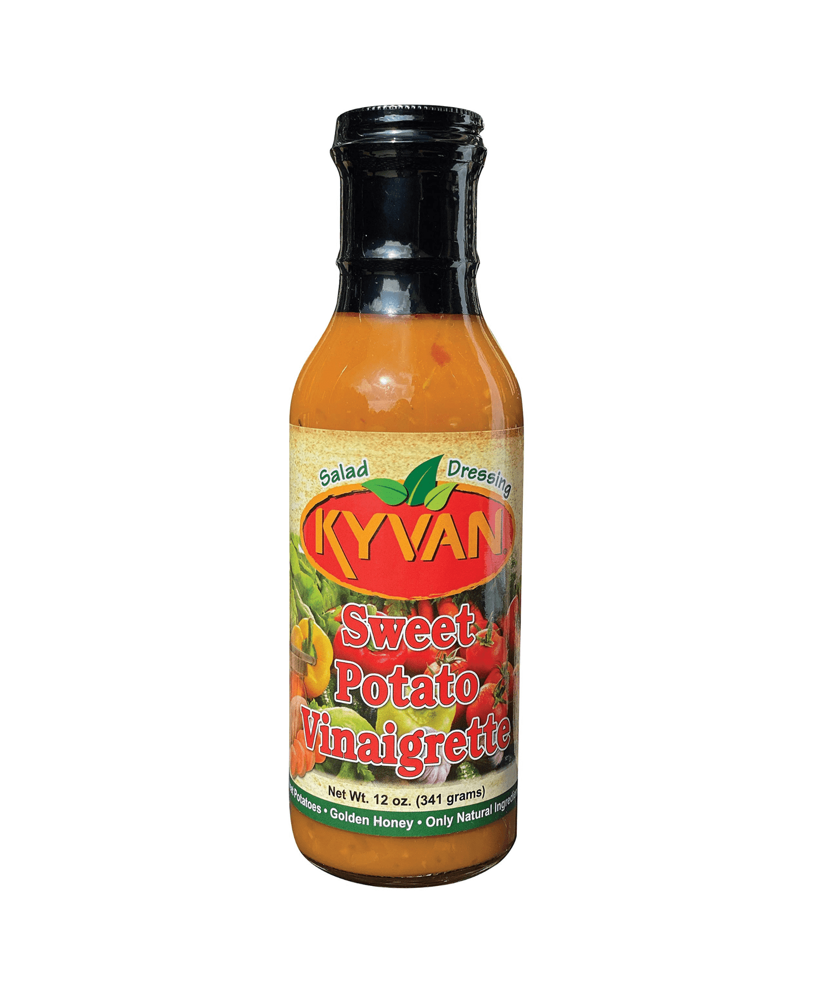 Bottle of Kyvan Sweet Potato Vinaigrette salad dressing with a colorful label.
