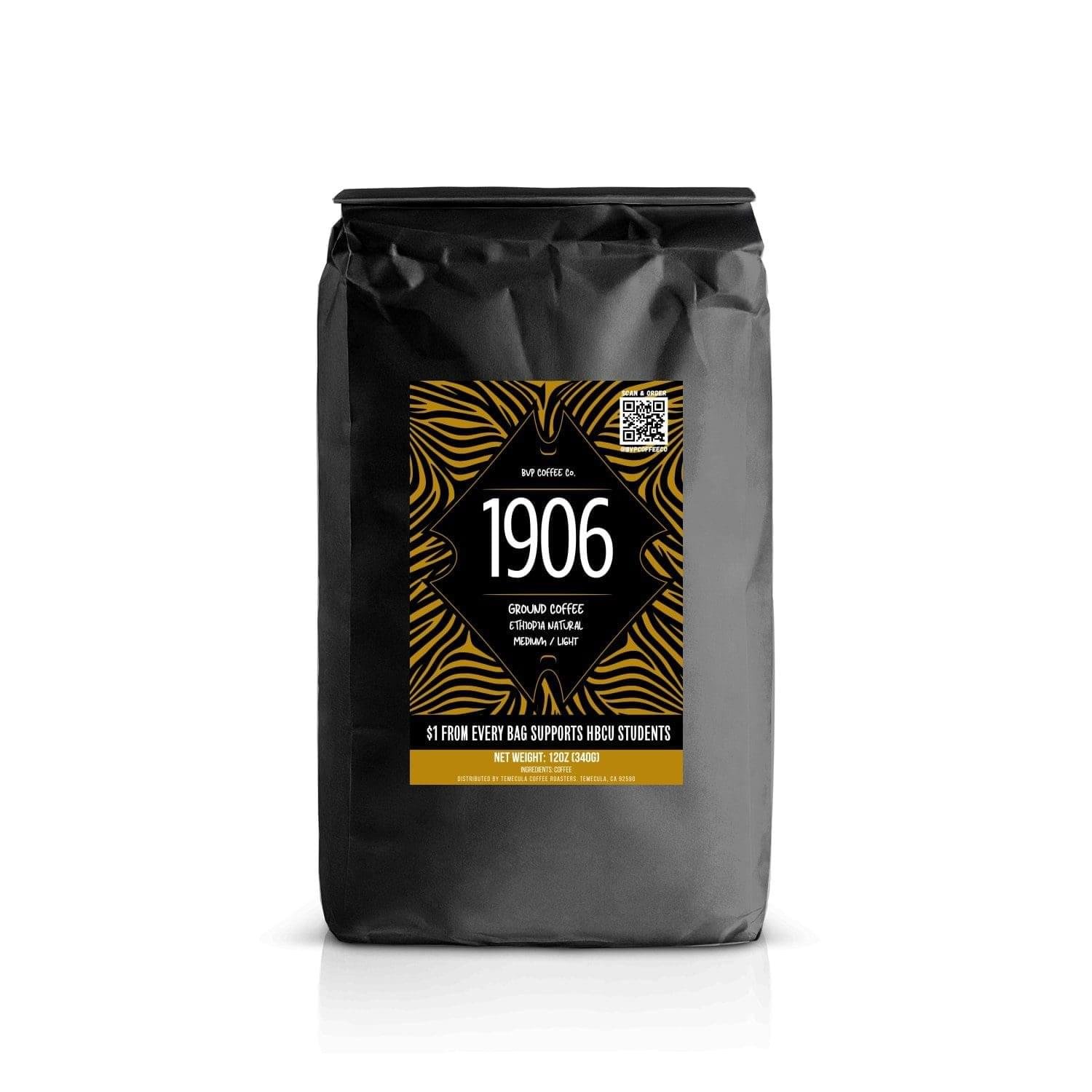 Black bag of 1906 ground coffee with a decorative label featuring a QR code.