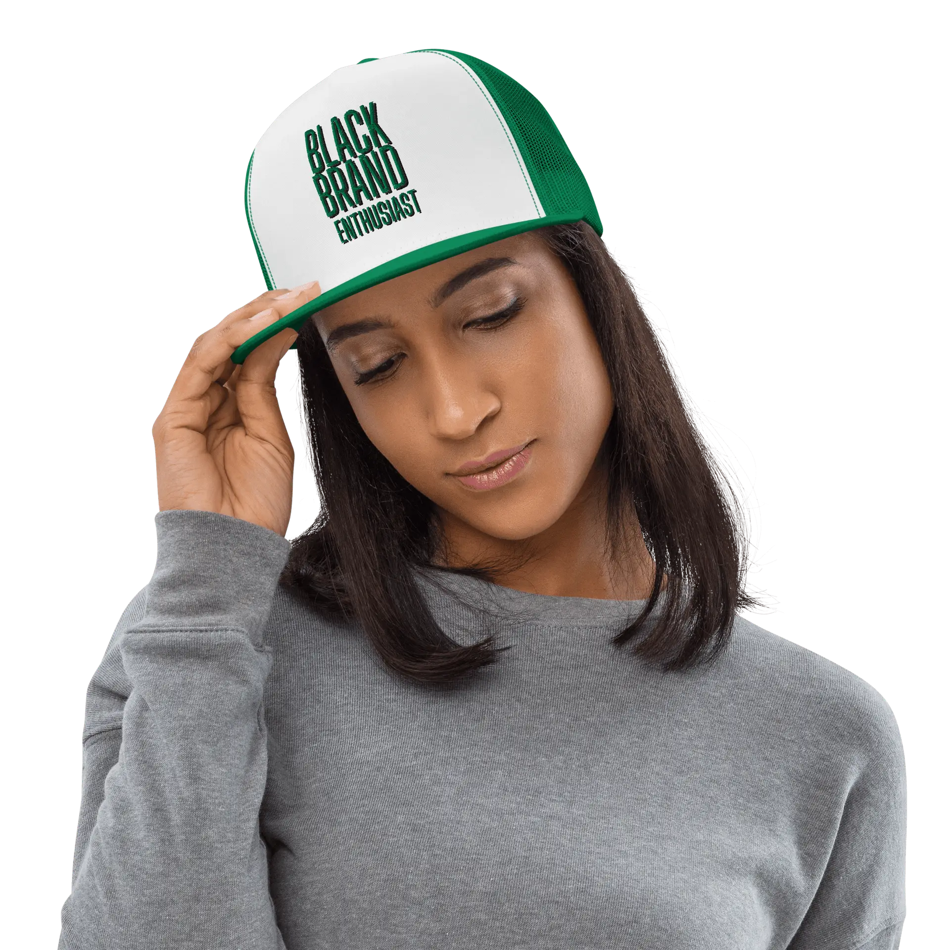 A woman wearing a green and white 5-panel trucker cap with the text 'BLACK BRAND ENTHUSIAST'.