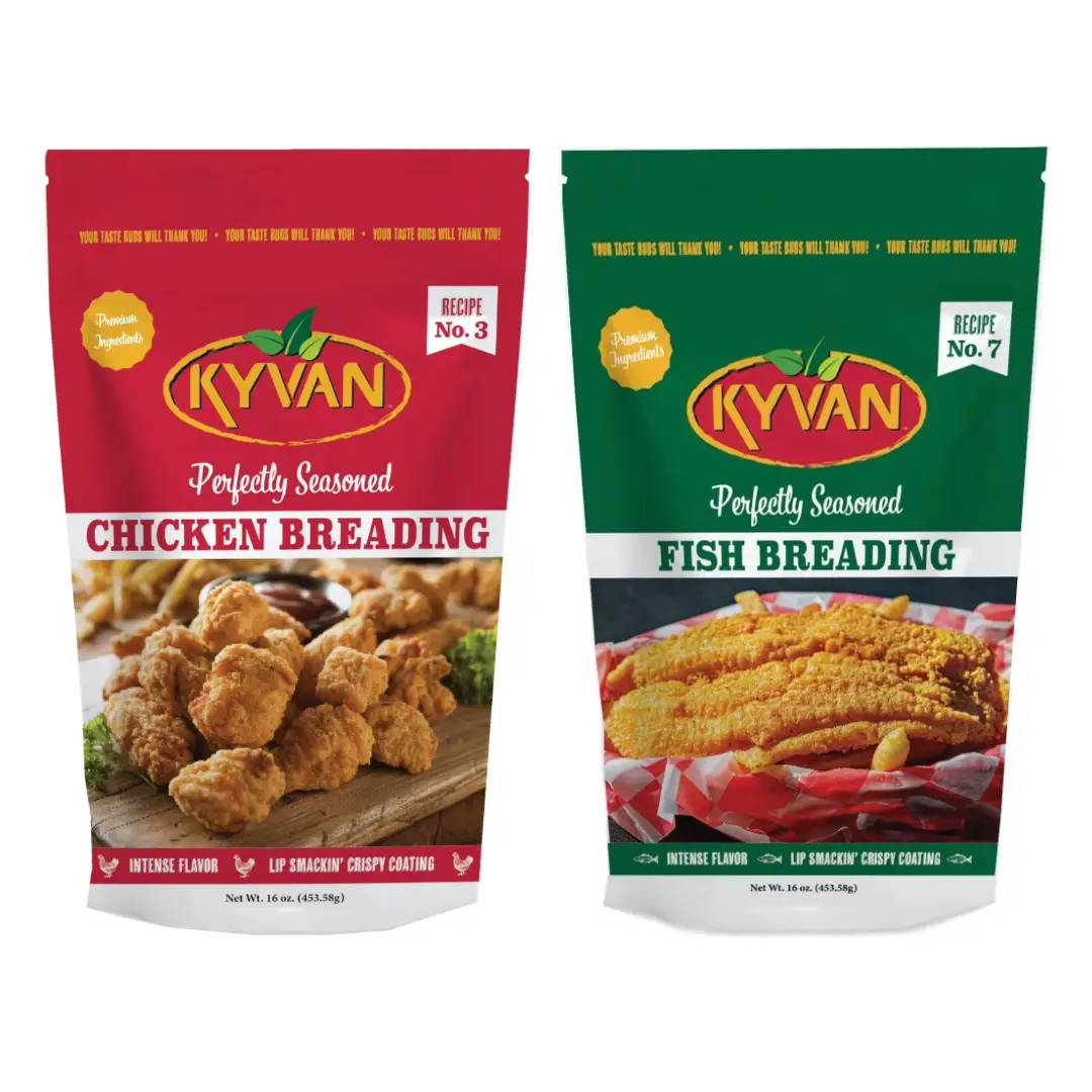 KYVAN Chicken and Fish Breading package on kitchen counter, highlighting quality seasoning by black creators.