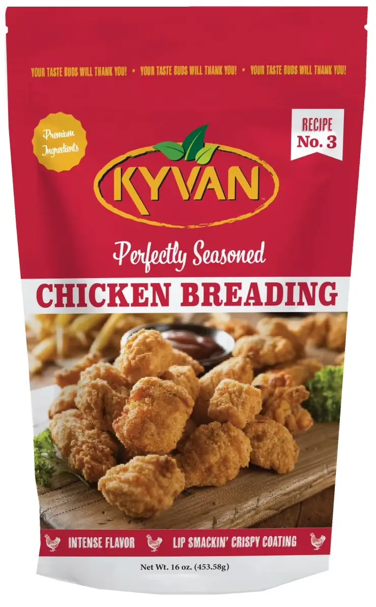Packaging of Kyvan Perfectly Seasoned Chicken Breading featuring crispy coated chicken pieces.