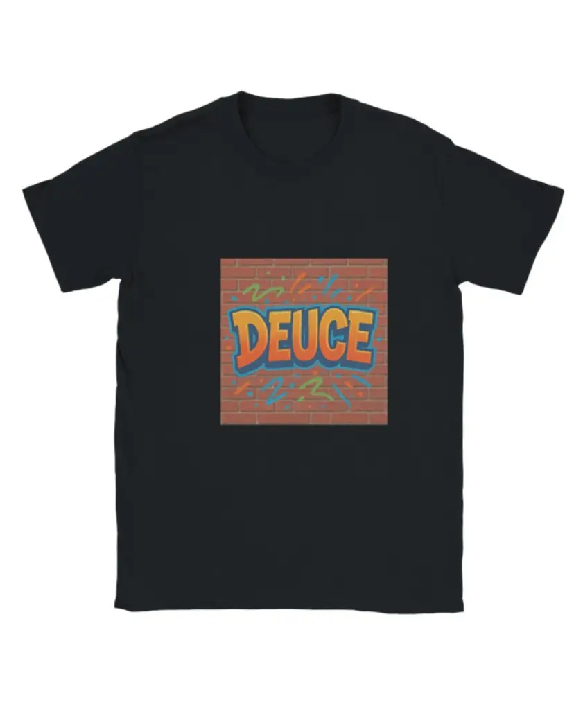 Black t-shirt featuring a graffiti design with the word 'Deuce' in colorful lettering.